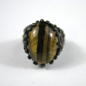 Brutalist Vintage Tigers Eye Stone Cabochon Sterling Silver Statement Ring SZ 6